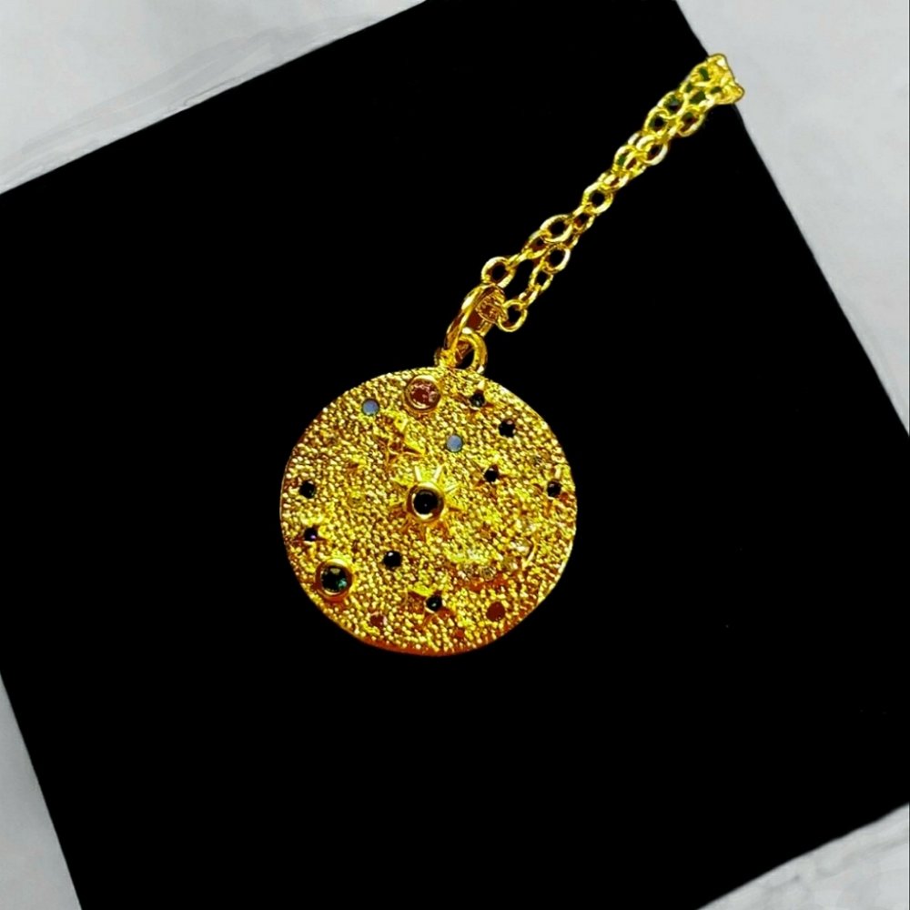 Gold plated copper celestial pendant necklace w/multi colored zirconia; nwot